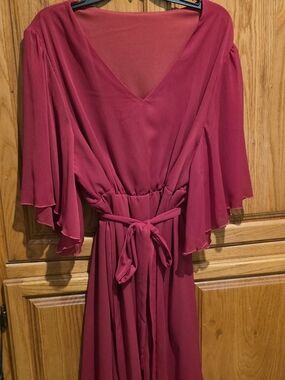 SHEIN Curve Red V-Neck Maxi Dress with Flutter Sleeves